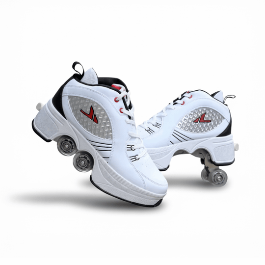 white Kick Speed roller skate shoes with wheels, stylish mid-top roller shoes for adults and kids