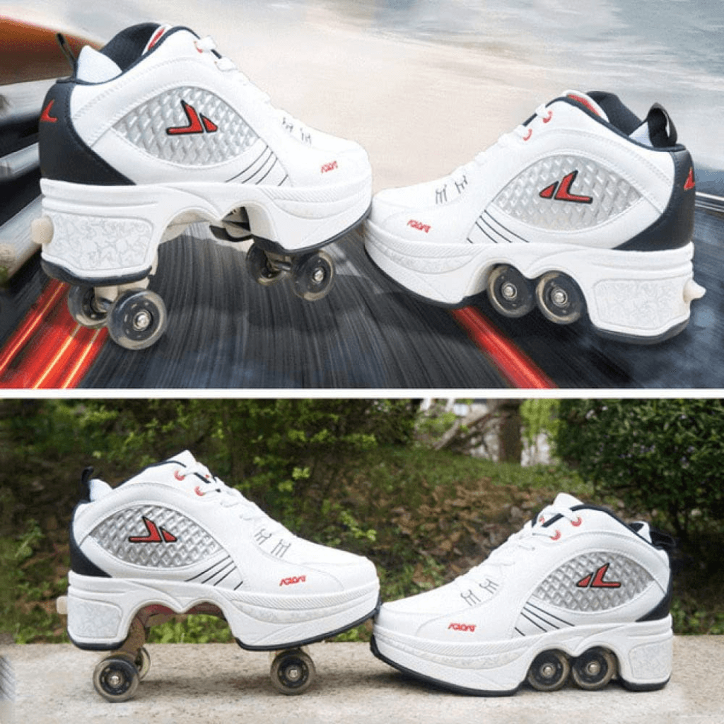 Kick Speed Matrix MID roller skate shoes collage showing retractable wheels, highlighting dual-wheel design and white PU leather finish, roller shoes for adults and kids, shown in outdoor