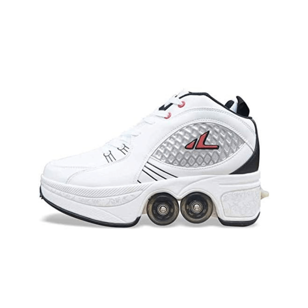 side profile of white Kick Speed MID shoes with wheels, retractable roller shoes for everyday use