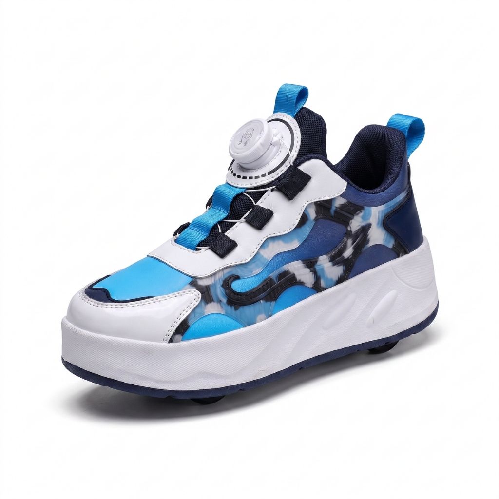 A kids' shoes with wheels in blue camouflage pattern, featuring a dial closure system, and a pull tab on a white background