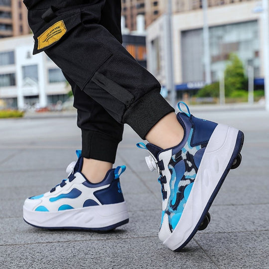 A person wearing blue camo roller shoes with black wheels, standing on a paved outdoor walkway