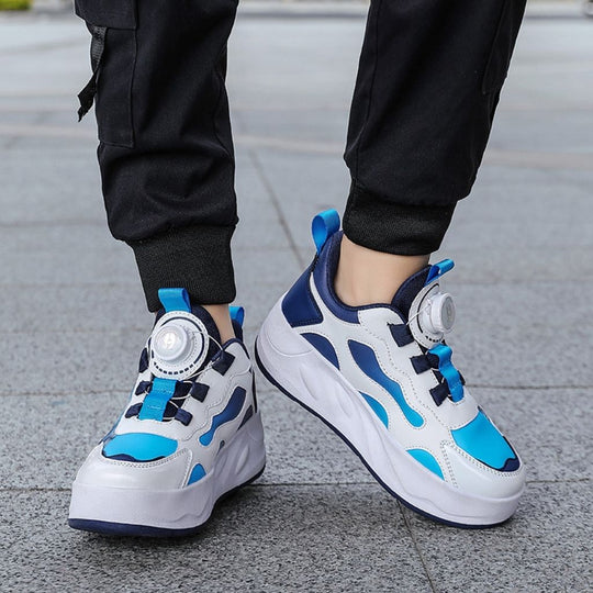 Blue shoe with wheels with a dial-up lace closure, shown on a person wearing black cargo pants