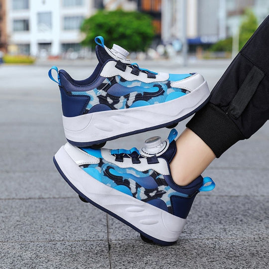 A pair of blue camouflage roller shoes with detachable wheels with a twist lock closure, shown being worn outdoors on a paved street