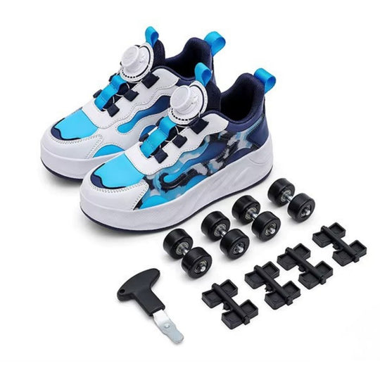 A pair of children's roller skate shoes with blue and white camouflage patterns, featuring dial-up laces, shown alongside black wheels, mounting brackets, and a hex key on a white background