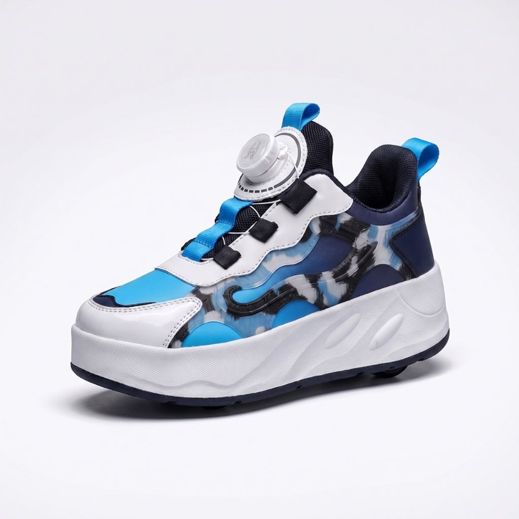 A kids' platform roller shoes with a BOA dial closure system, featuring a white, blue, and navy camouflage pattern on a clean white background