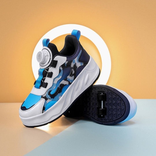 A pair of children's roller skate sneakers with a blue, white, and black camouflage pattern, featuring a dial closure and a black wheel on the sole, set against a warm beige and light blue background