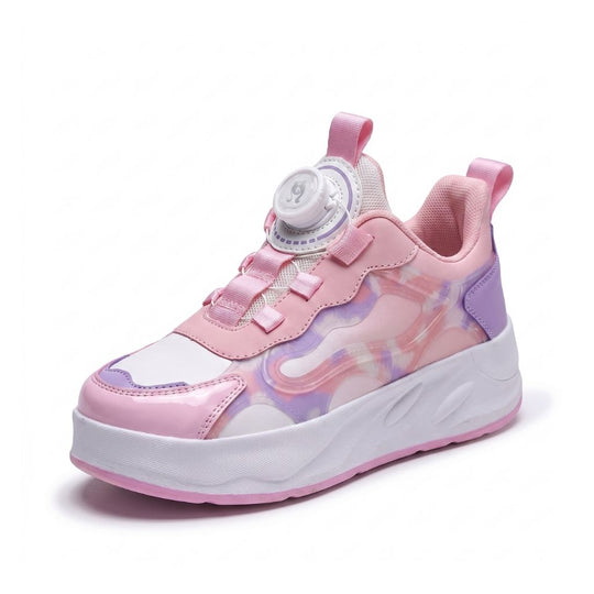 A pink low-top shoes with wheels with a camo pattern on the side, featuring a white dial system for closure and a thick white platform sole