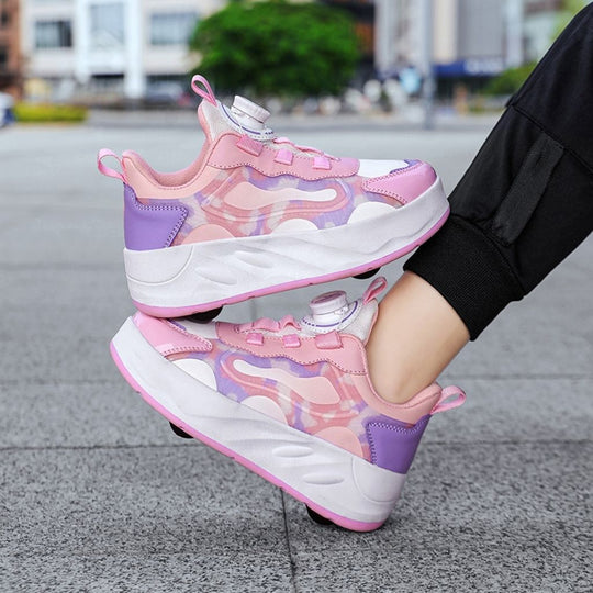 A pair of pink chunky platform roller sneakers with a unique camo pattern, shown being worn with a person's leg bent, on a gray paved outdoor surface
