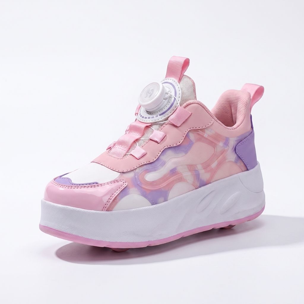 A pink heel wheel shoes with a camouflage pattern on the side, featuring a white dial twist lock closure system on the side, photographed on a clean white background