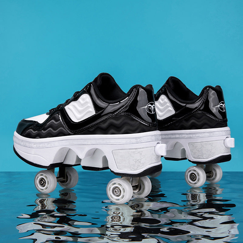 pair of black Kick Speed NeoWave LOW Roller Skate Shoes standing on glossy water surface, showing pop-out wheels and wave-pattern sides, retractable 4 wheel shoes for adults and teens with modern look
