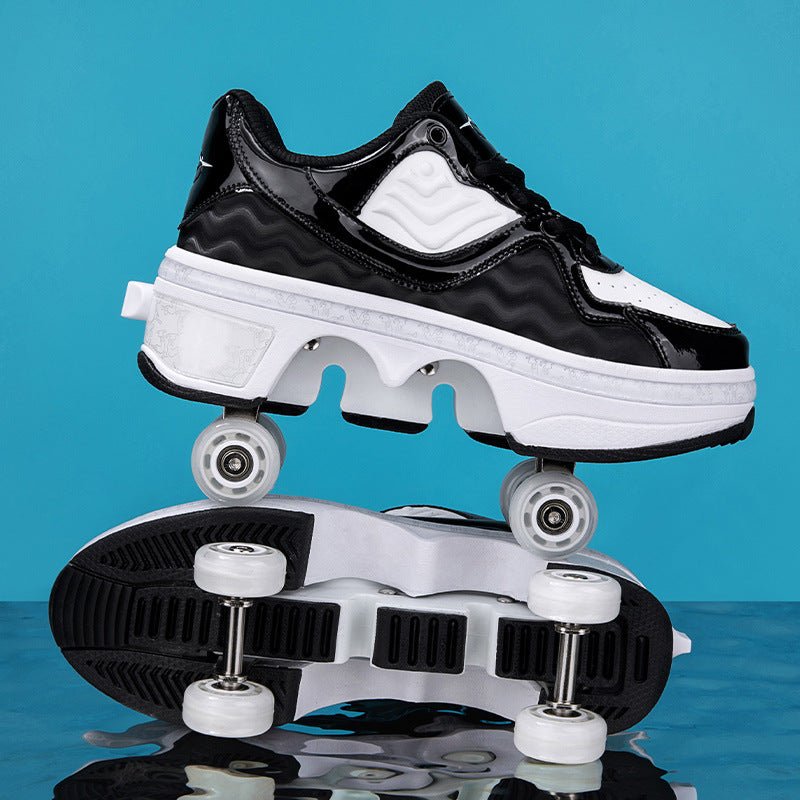 side view of pink Kick Speed Roller Skate Shoes with extended wheels on reflective surface, roller skate shoes for kids with durable construction