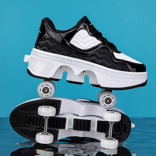 side view of pink Kick Speed Roller Skate Shoes with extended wheels on reflective surface, roller skate shoes for kids with durable construction