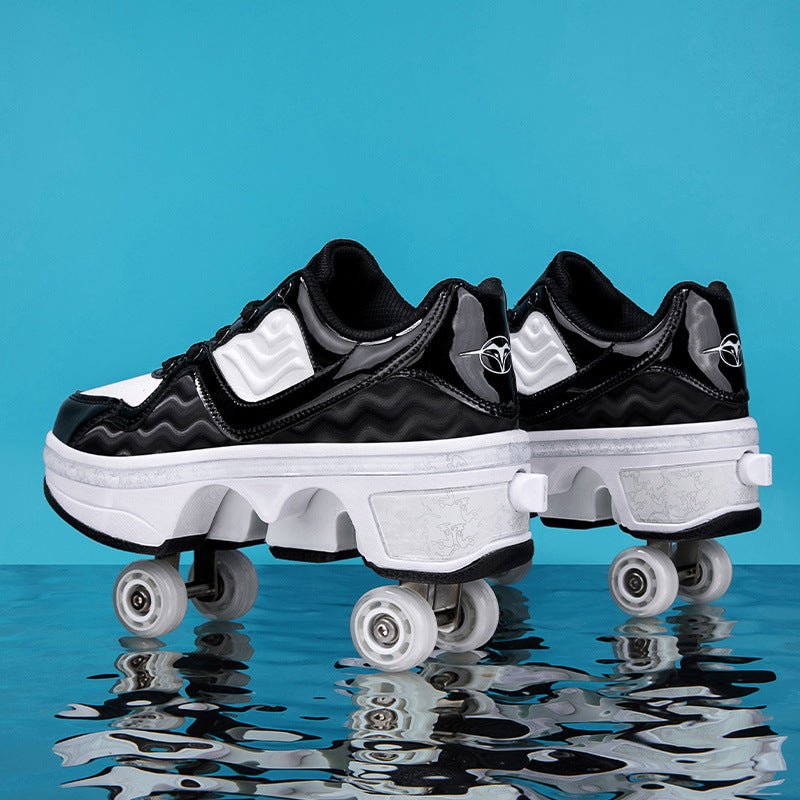 dual black Kick Speed NeoWave LOW Roller Skate Shoes with visible wheels, stylish roller skate shoes for kids and adults on blue reflective background
