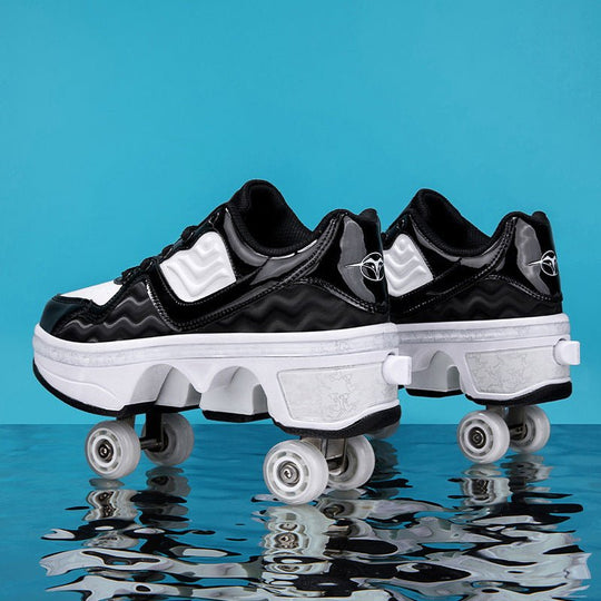 dual black Kick Speed NeoWave LOW Roller Skate Shoes with visible wheels, stylish roller skate shoes for kids and adults on blue reflective background