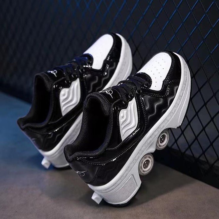 angled view of black and white Kick Speed Shoes with pop-out wheels, placed on concrete floor against blue metal grid background, stylish retractable roller shoes for adults and kids with glossy wavy side design