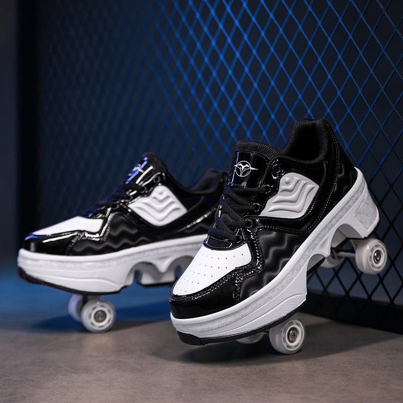 angled view of black-white Kick Speed NeoWave LOW Roller Skate Shoes with pop-up wheels, placed on concrete floor against blue metal grid background, cool deformation roller shoes for adults and kids with glossy wavy side design