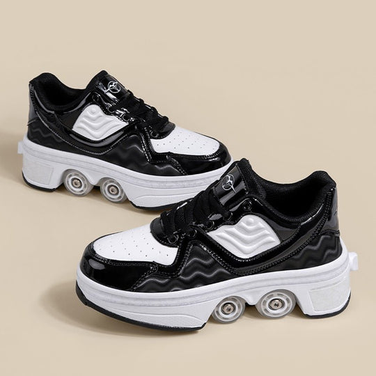 dual color white-black Kick Speed roller skate shoes, breathable shoes with retractable wheels, beige background