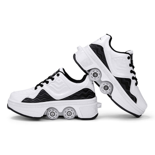 side view of white and black Kick Speed Roller Skate Shoes showing dual pop-out wheels, premium 4 wheel shoes for kids and adults, perfect retractable roller shoes for smooth skating