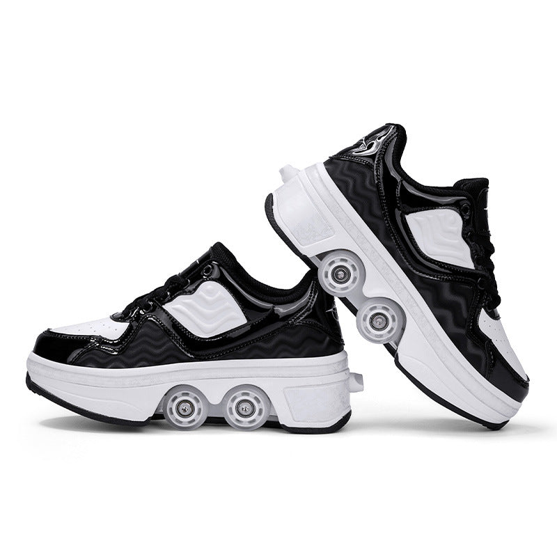 side view of black Kick Speed NeoWave Roller Skate Shoes pair studio photo on white background, retractable roller shoes with wavy design