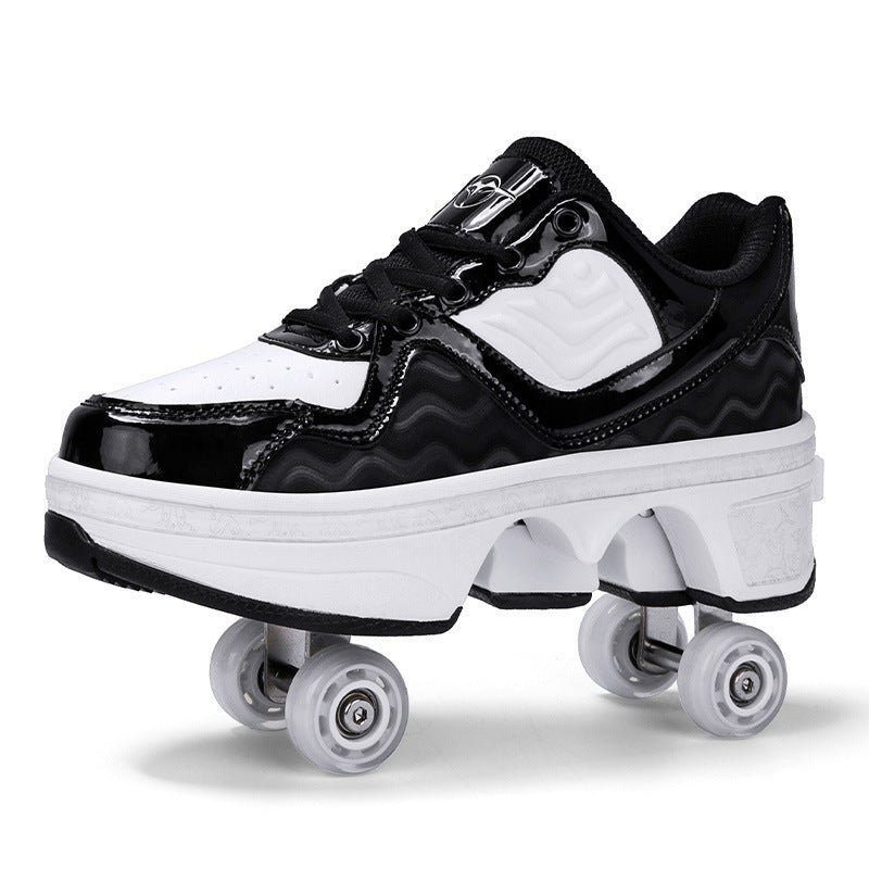 black Kick Speed Roller Skate Shoes side view showing glossy finish, premium retractable roller shoes for adults and kids
