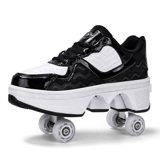 black Kick Speed Roller Skate Shoes side view showing glossy finish, premium retractable roller shoes for adults and kids