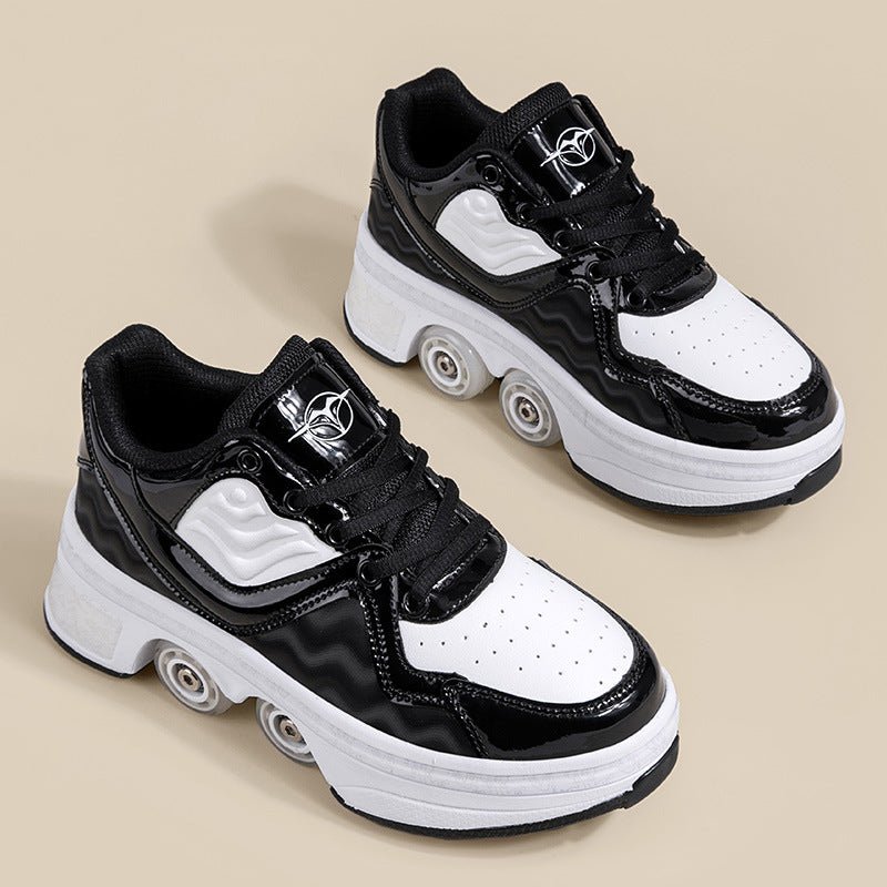  black Kick Speed Roller Skate Shoes top angle on beige surface, fashionable shoes with wheels for adults and kids
