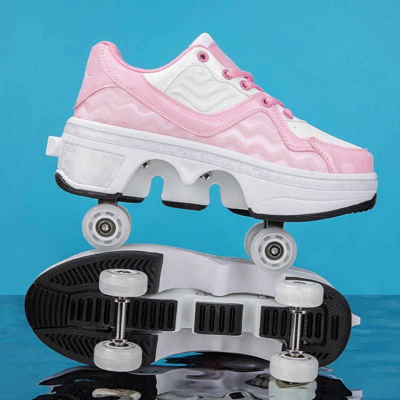 pink Kick Speed NeoWave LOW Roller Skate Shoes with pop-out wheels displayed on blue reflective surface, shoes with wheels for kids