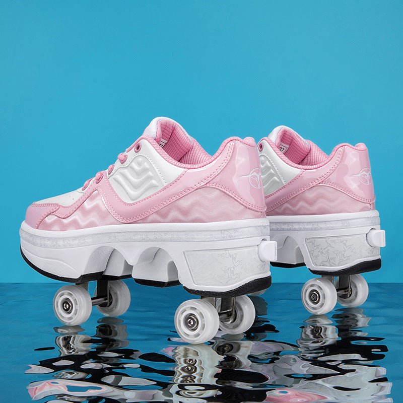 pair of pink Kick Speed NeoWave LOW Roller Skate Shoes on blue reflective surface, trendy shoes with wheels for girls and teens