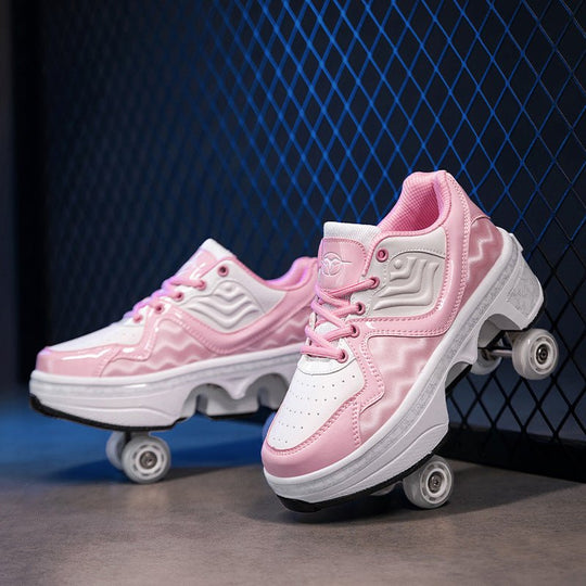 pink Kick Speed NeoWave Roller Skate Shoes with pop-up wheels against dark grid background, stylish roller skate shoes for kids and young teens 
