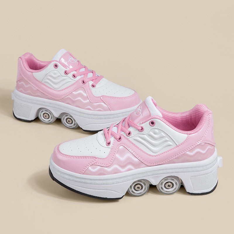 pink Kick Speed roller skate shoes displayed on beige background, roller skate shoes for kids with pop-out wheels and soft padding
