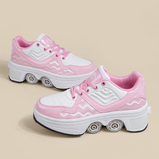pink Kick Speed roller skate shoes displayed on beige background, roller skate shoes for kids with pop-out wheels and soft padding
