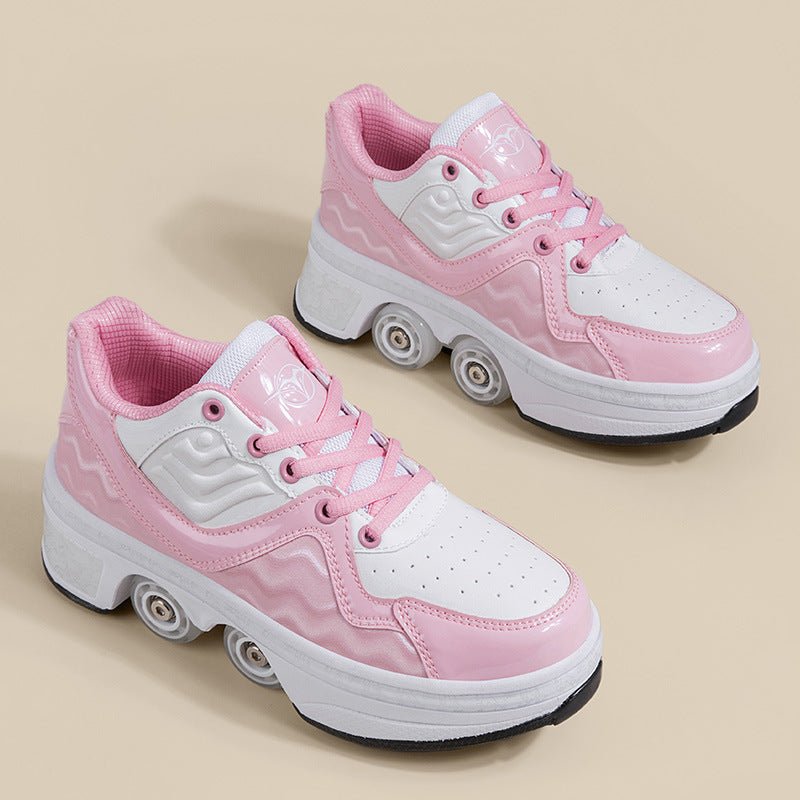 pink roller skate shoes displayed on beige background, roller skate shoes for kids with pop-out wheels and soft padding