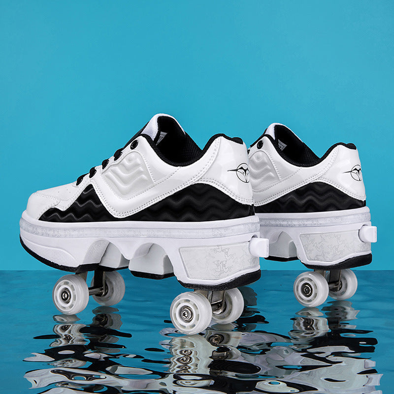 back view of white and black Kick Speed NeoWave LOW Roller Skate Shoes with extended pop-out wheels, reflection on water under blue background, premium roller skate shoes combining sporty and stylish design
