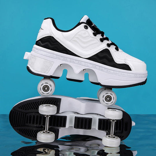 white and black Kick Speed NeoWave LOW Roller Skate Shoes reflection shot, 4 wheel retractable roller shoes for adults and teens, side view