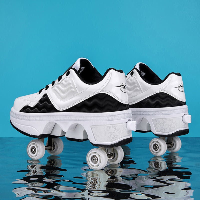 white and black Kick Speed NeoWave LOW Roller Skate Shoes design for daily wear, retractable roller shoes with sturdy wheels, photo on reflective surface