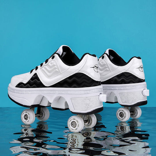 white and black Kick Speed NeoWave LOW Roller Skate Shoes design for daily wear, retractable roller shoes with sturdy wheels, photo on reflective surface