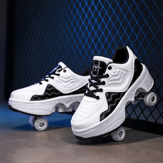 angled view of black-white Kick Speed NeoWave LOW Roller Skate Shoes with pop-out wheels, placed on concrete floor against blue metal grid background, stylish retractable roller sneakers for adults and kids with glossy wavy side design