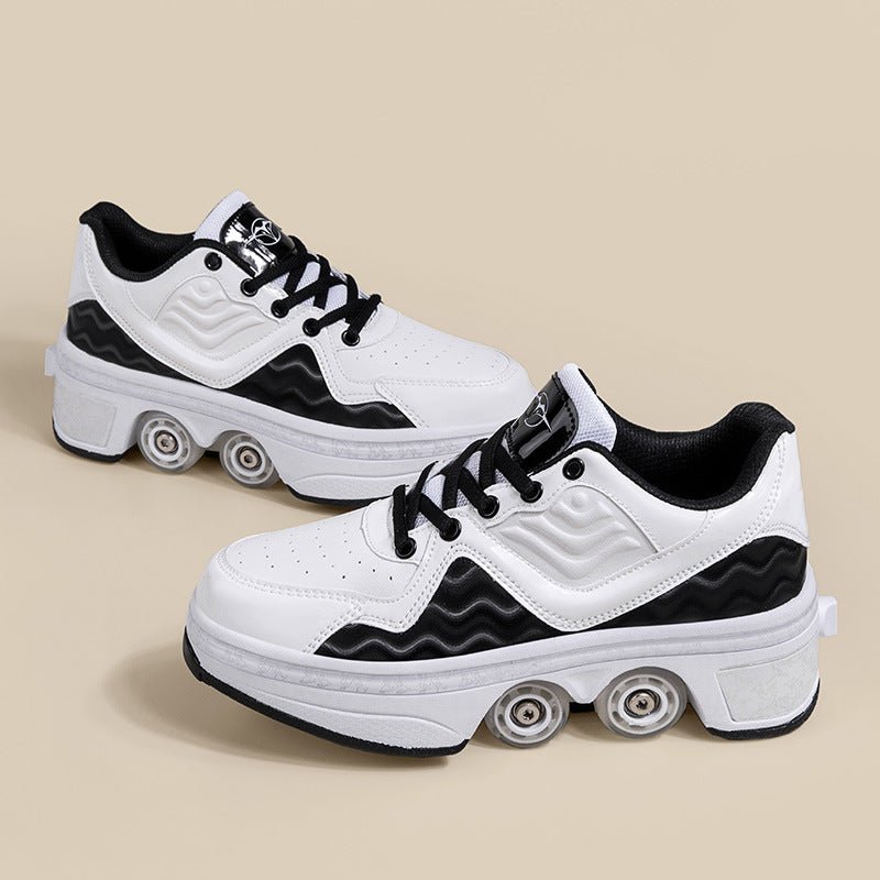 black-white Kick Speed roller skate shoes on beige background, best shoes with wheels for adults and kids
