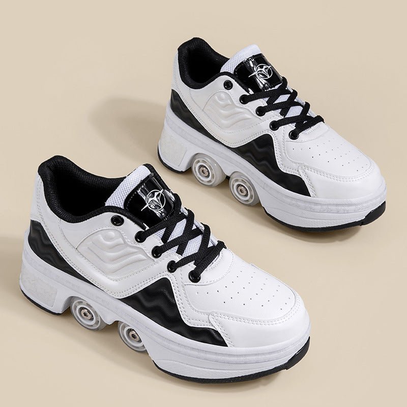 top view of white Kick Speed Roller Skate Shoes pair on beige background, smooth finish retractable roller shoes for women and kids