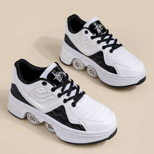top view of white Kick Speed Roller Skate Shoes pair on beige background, smooth finish retractable roller shoes for women and kids