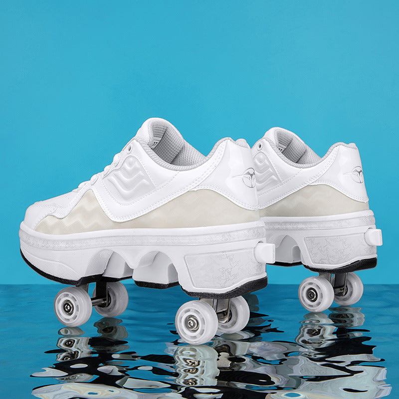 back view of white Kick Speed NeoWave LOW Roller Skate Shoes with pop-out wheels, 4 wheel shoes reflecting on glossy water surface against blue background, stylish retractable roller shoes for kids and adults