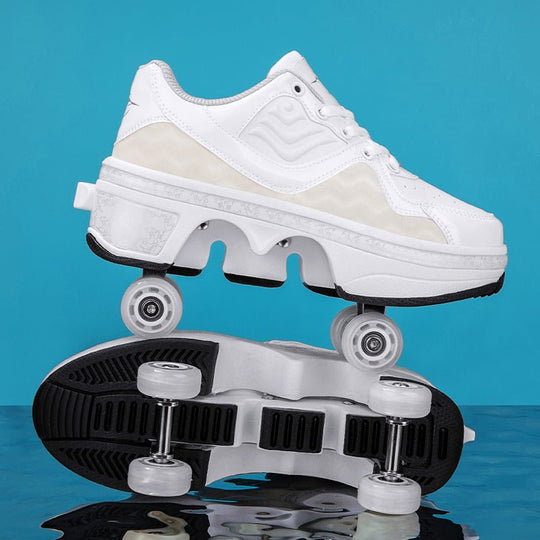 white edition Kick Speed NeoWave LOW roller sneakers on reflective surface, lightweight shoes with pop-out wheels