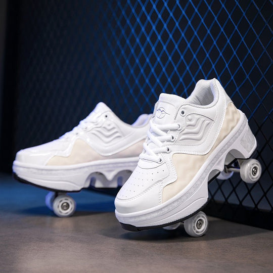 cream white Kick Speed LOW shoes with wheels against dark grid background, roller sneakers for girls, 4 wheel retractable roller shoes with wavy side design
