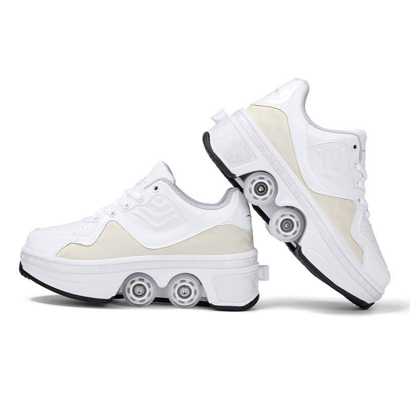 side view studio photo of whiteroller skate shoes, breathable 4 wheel shoes for everyday skating and walking