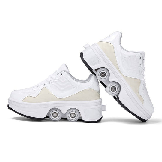 side view studio photo of whiteroller skate shoes, breathable 4 wheel shoes for everyday skating and walking