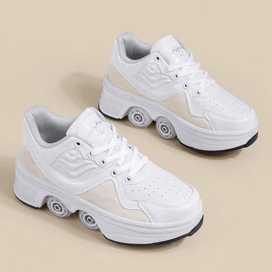 white roller skate shoes for girls, 4 wheel retractable roller shoes with wavy side design