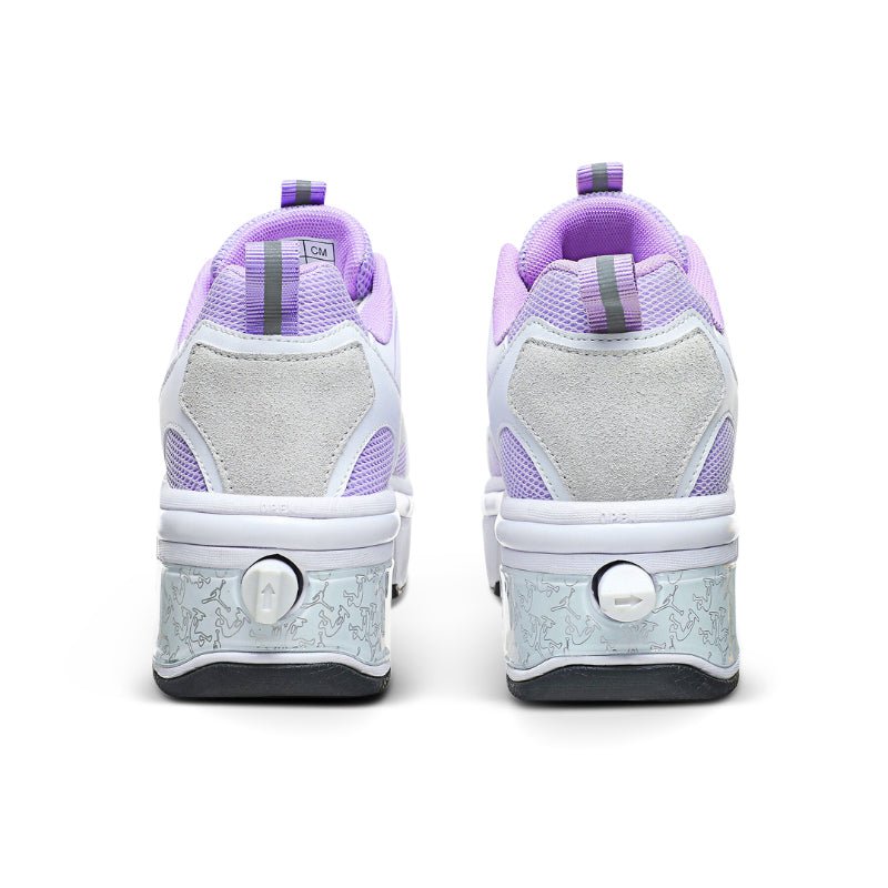 Kick Speed violet roller skate shoes back view showing wheel button, white background
