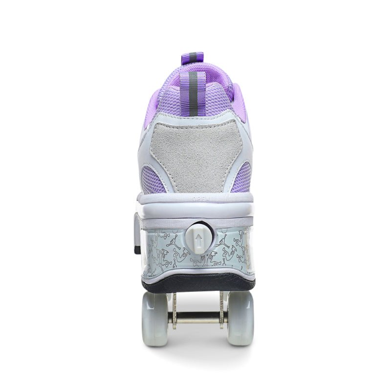 Kick Speed violet roller skate shoes back view showing wheel button and retractable wheel mechanism

