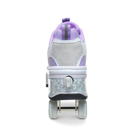 Kick Speed violet roller skate shoes back view showing wheel button and retractable wheel mechanism
