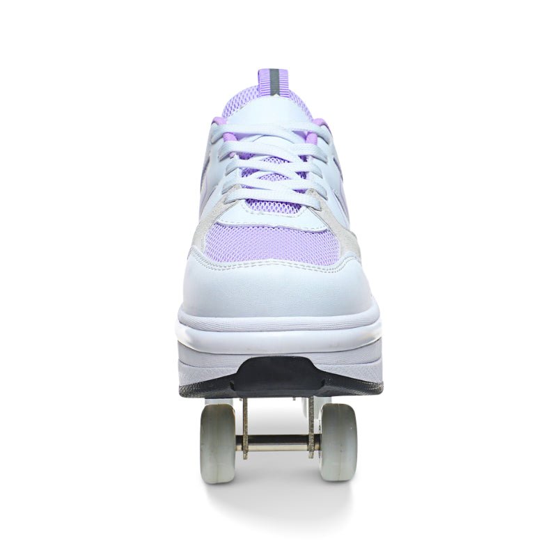 roller skate shoes for kids with pop-out wheels, front angle